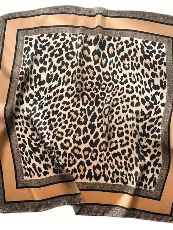 Accessories - Silk- Feel Leopard Print Satin Scarf in Beige and Black Head Scarf, Neck Scarf